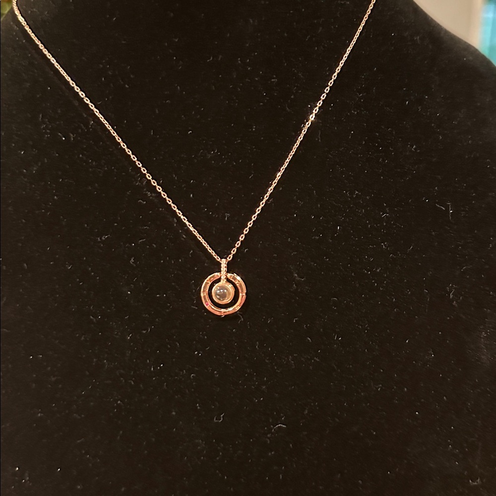 Rose Gold I Love You in 100 Languages Pendant Single pink crystal on circle